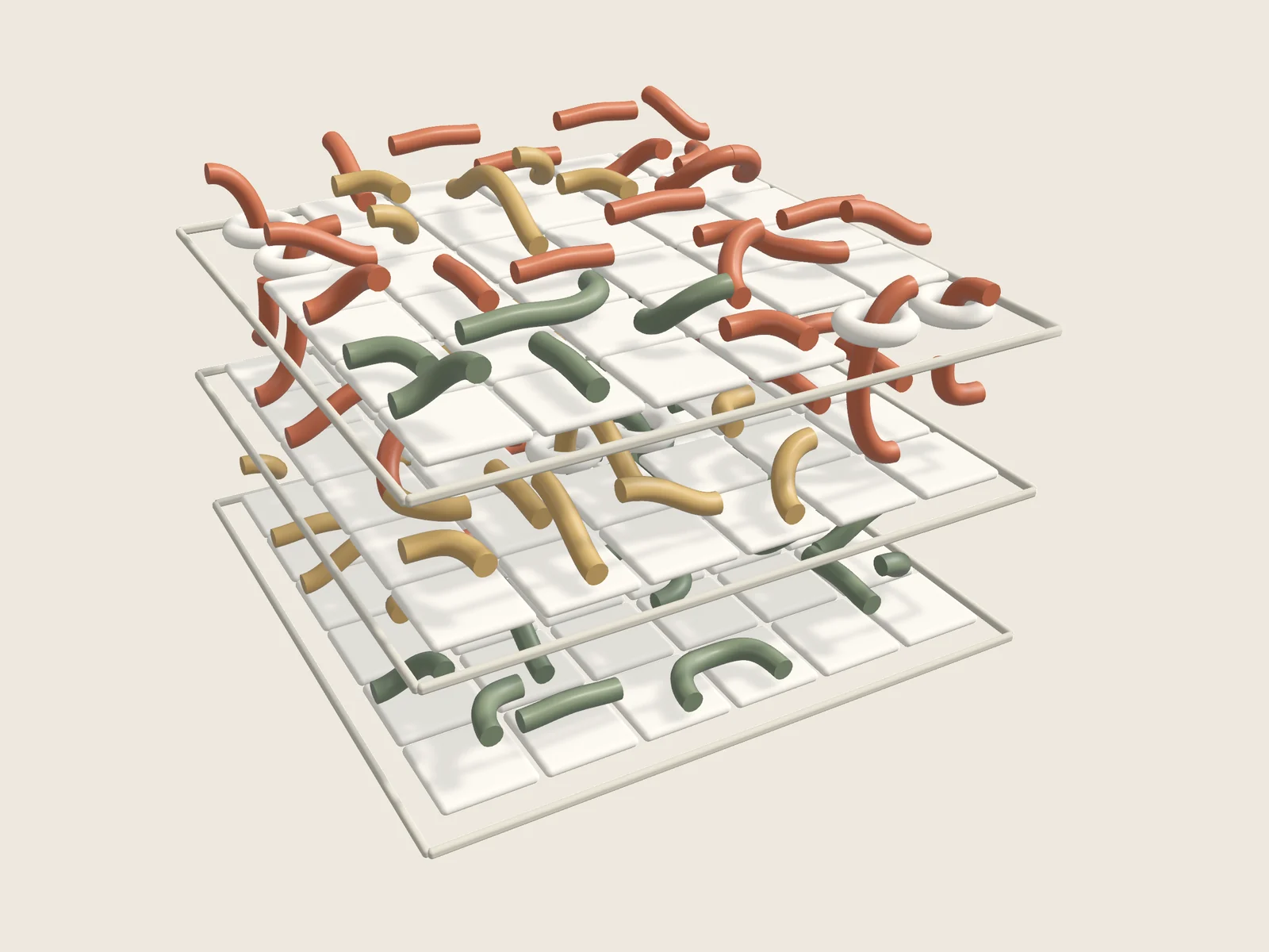 Strati in 3D: tre griglie sovrapposte unite da passaggi verticali.